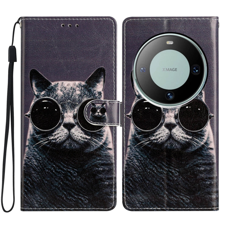 Colored Drawing Leather Phone Case for Huawei Mate 60 featuring a cute sunglasses cat design, made from durable PU and TPU materials.